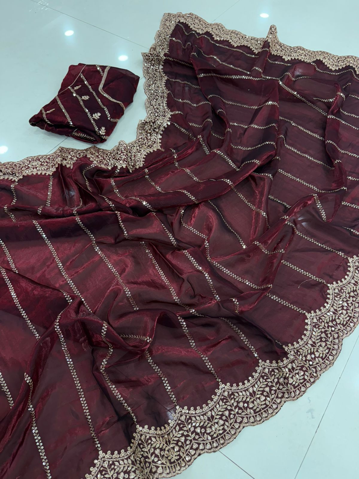 Premium Fendy Satin Sequence Embroidery Work Saree with Running Blouse