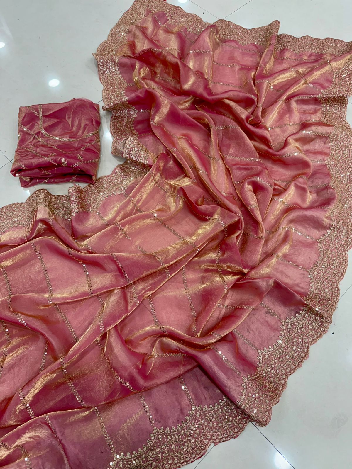 Premium Fendy Satin Sequence Embroidery Work Saree with Running Blouse