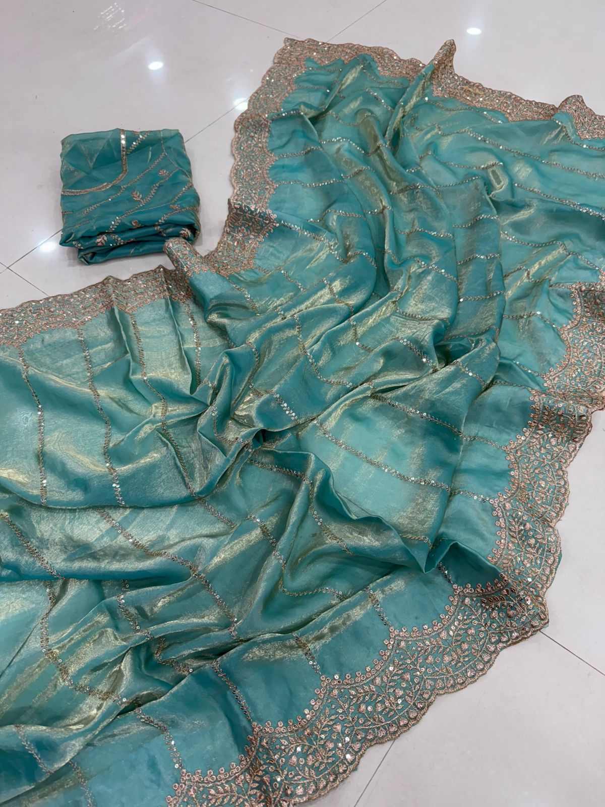 Premium Fendy Satin Sequence Embroidery Work Saree with Running Blouse