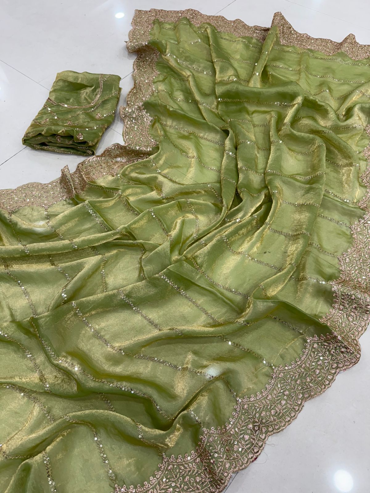 Premium Fendy Satin Sequence Embroidery Work Saree with Running Blouse