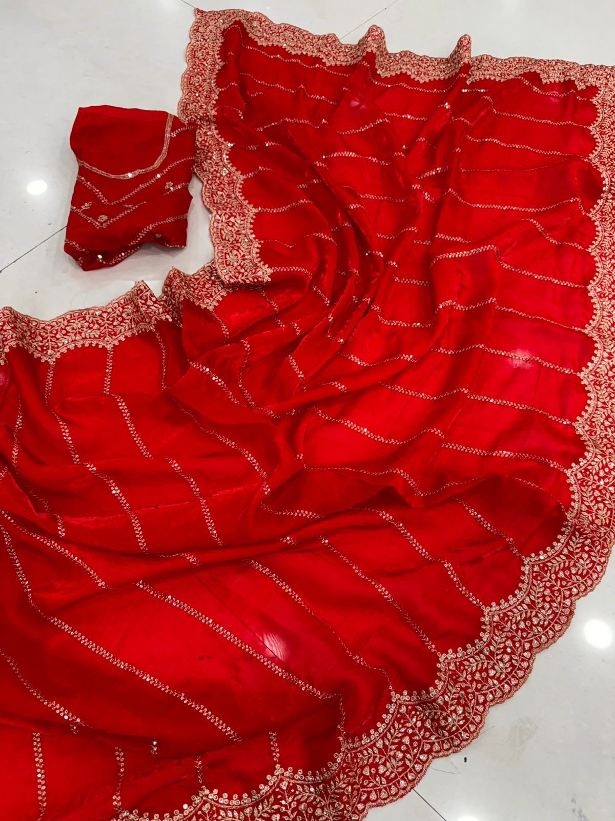 Premium Fendy Satin Sequence Embroidery Work Saree with Running Blouse
