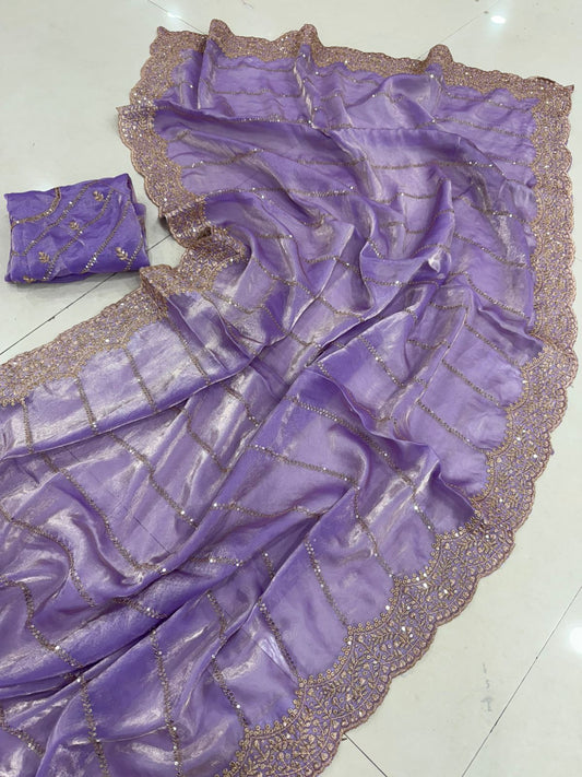 Premium Fendy Satin Sequence Embroidery Work Saree with Running Blouse