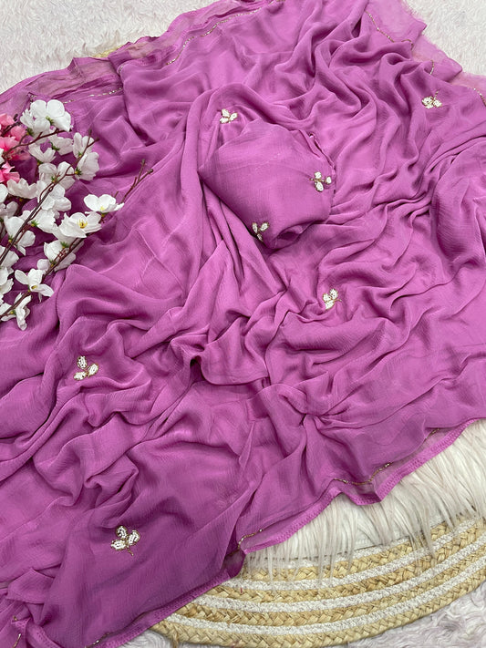 Pure Soft Nazbin Chiffon Saree with Cut Dana Work & Running Blouse