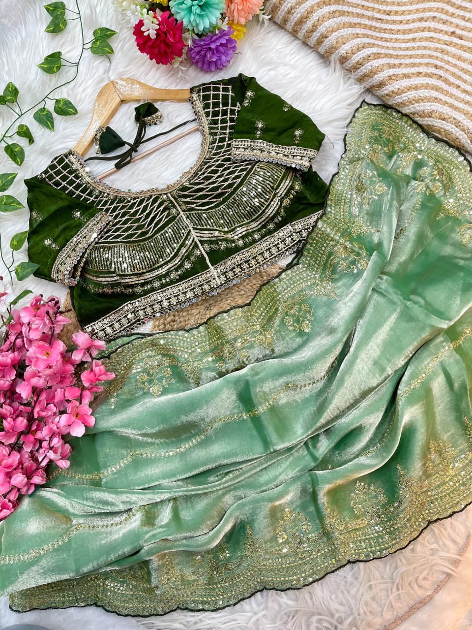 Premium Fendy Satin Saree with 3mm Sequin Embroidery & Lehriya Work