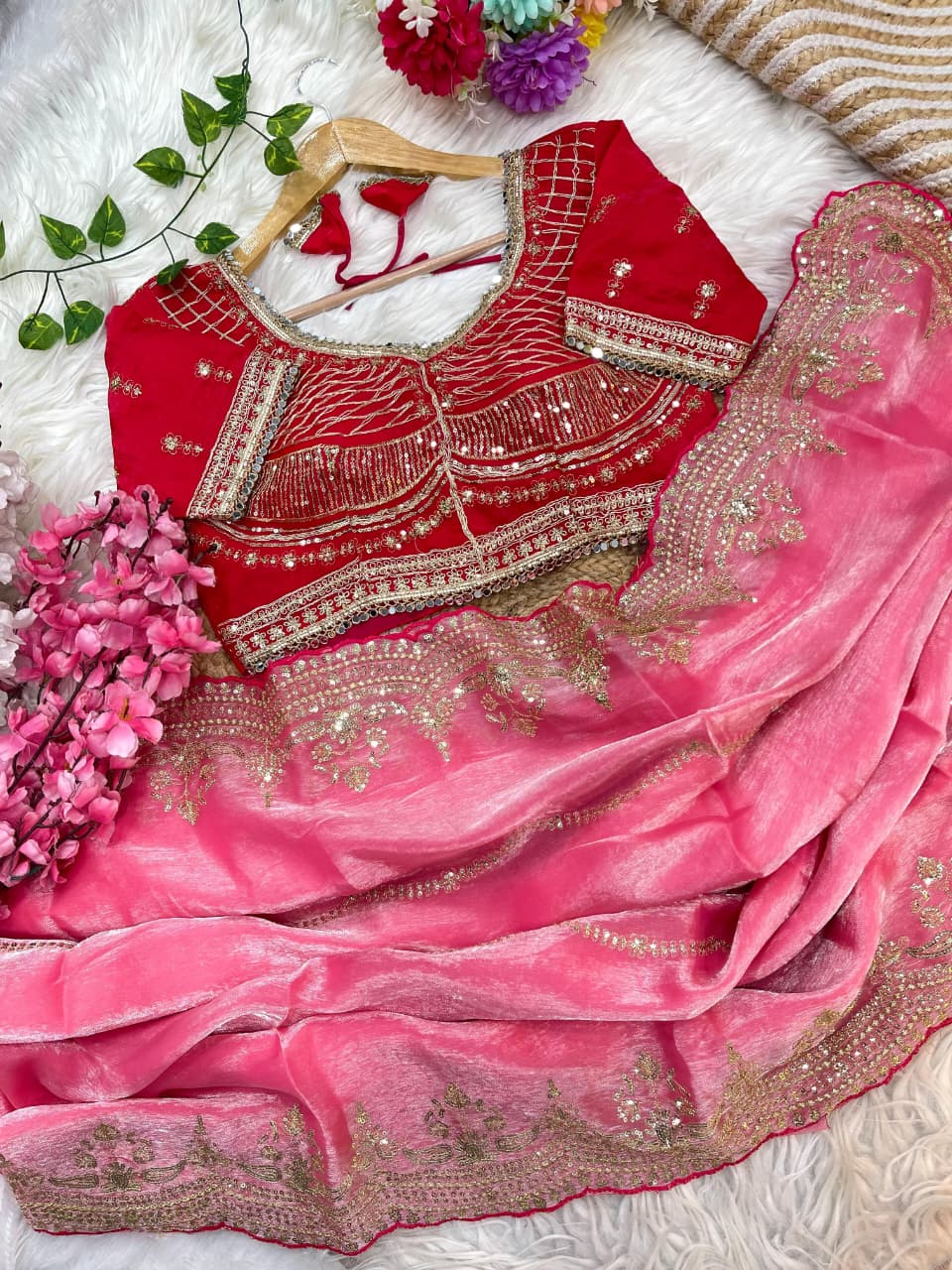 Premium Fendy Satin Saree with 3mm Sequin Embroidery & Lehriya Work
