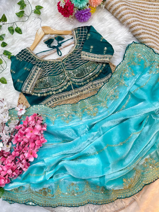 Premium Fendy Satin Saree with 3mm Sequin Embroidery & Lehriya Work