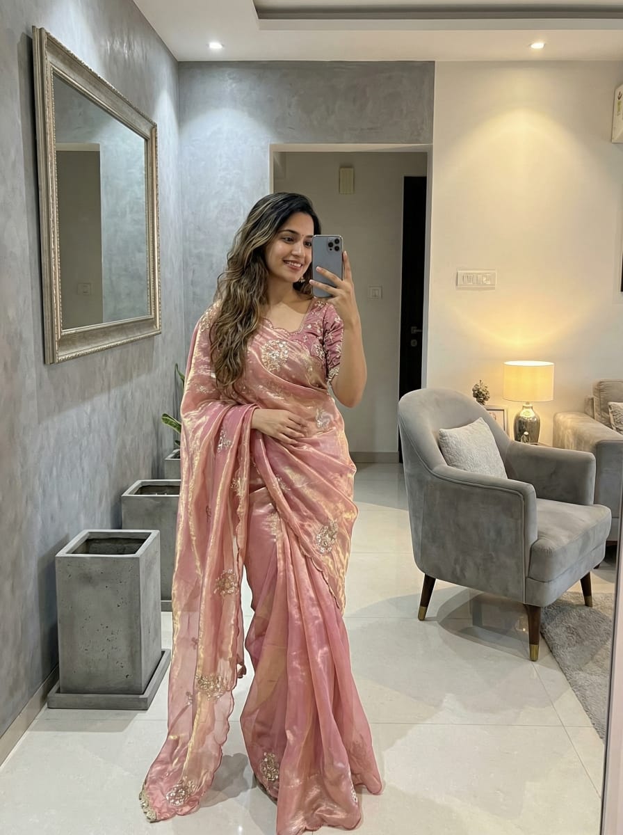 Rich Look Space Silk Saree with Heavy Beads Embroidery & Designer Blouse