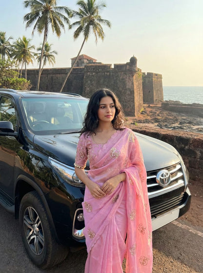 Rich Look Space Silk Saree with Heavy Beads Embroidery & Designer Blouse