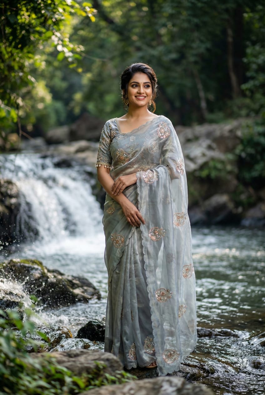 Rich Look Space Silk Saree with Heavy Beads Embroidery & Designer Blouse