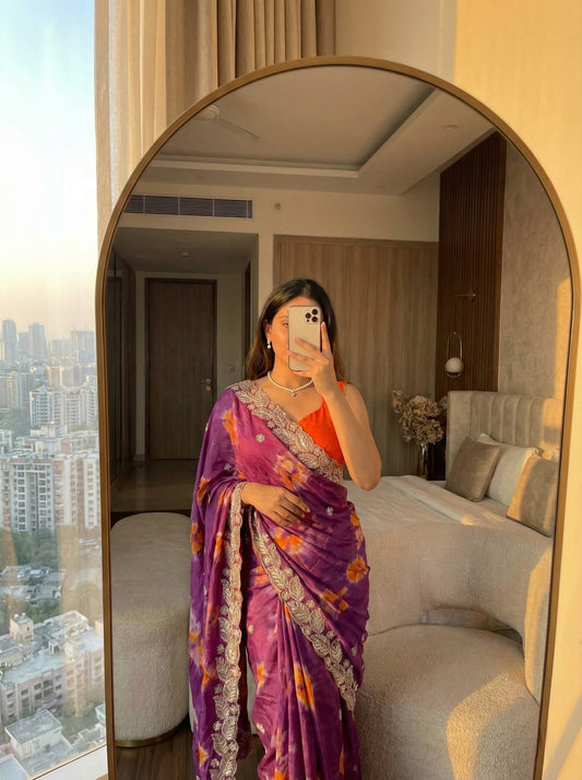 Pure Chinnon Prism Dyable Saree Heavy Embroidery & Sequin Work