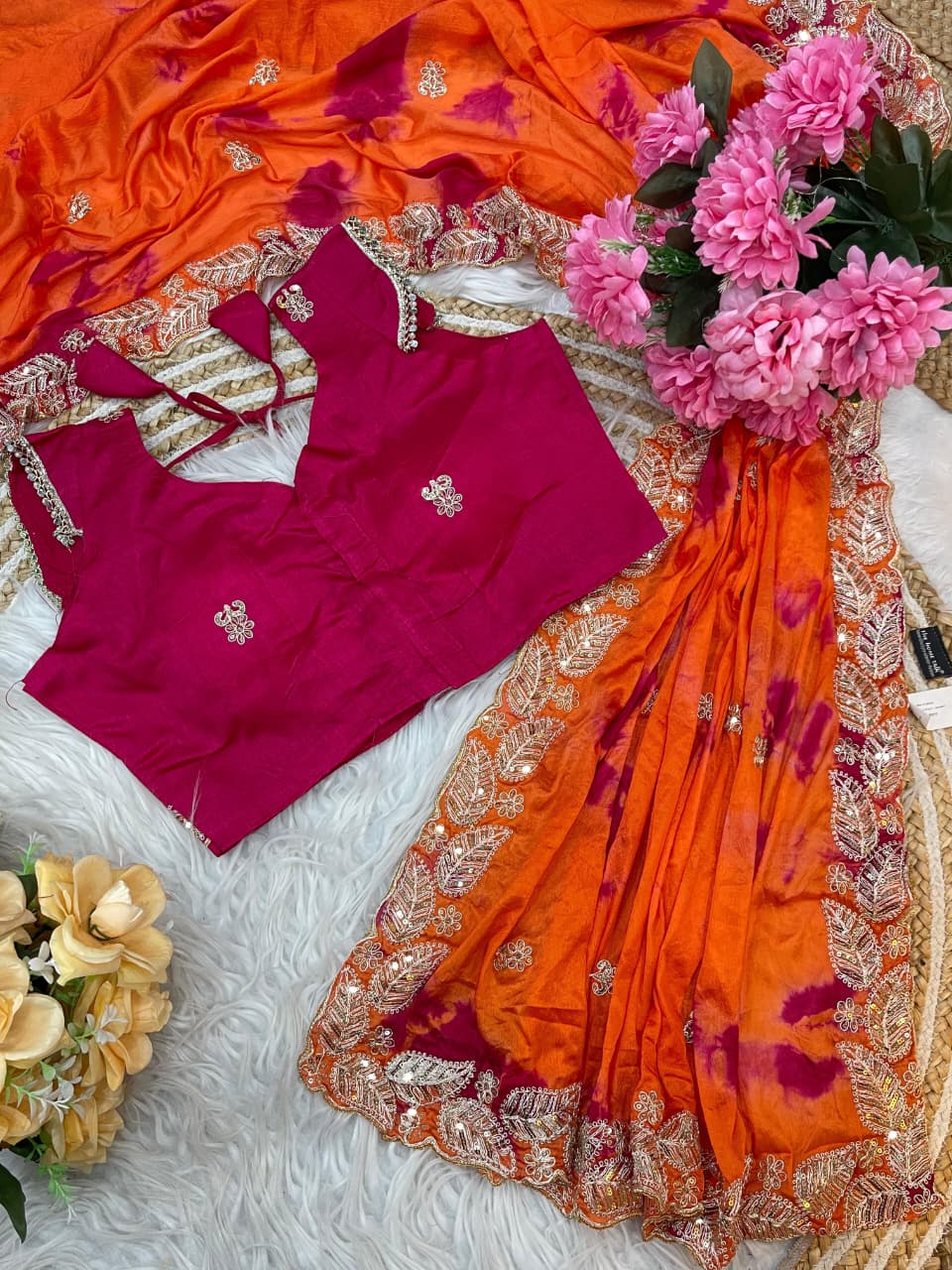 Pure Chinnon Prism Dyable Saree Heavy Embroidery & Sequin Work