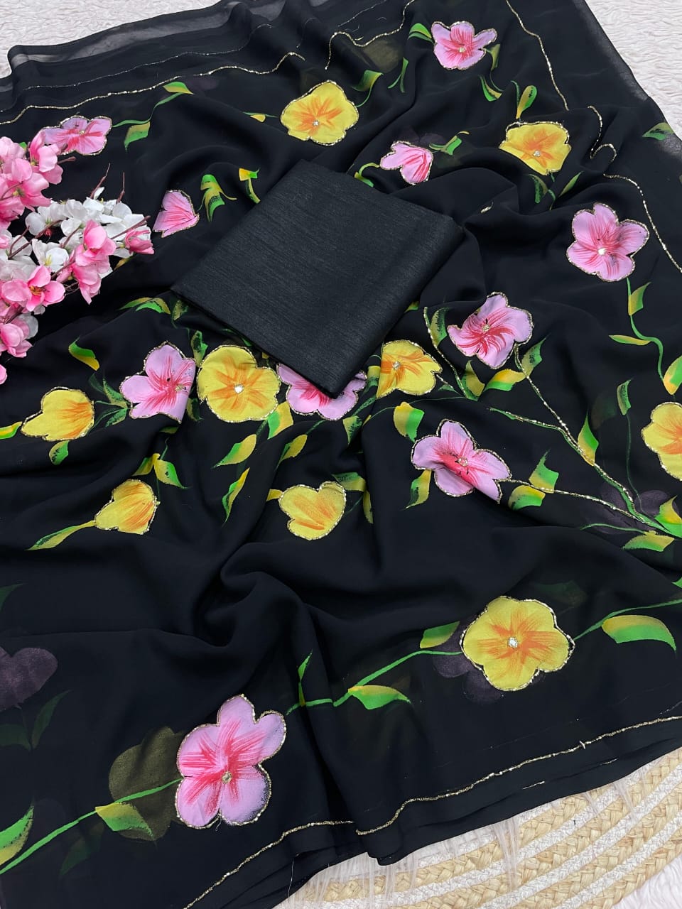 Premium Georgette Saree with All-Over Brush Print & Cut Dana Work