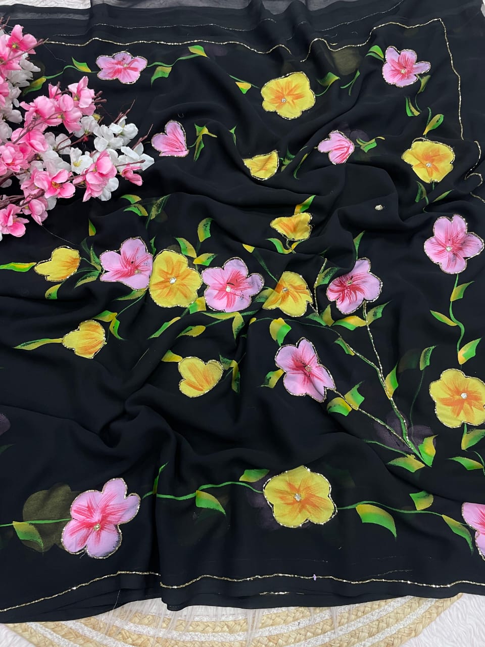 Premium Georgette Saree with All-Over Brush Print & Cut Dana Work