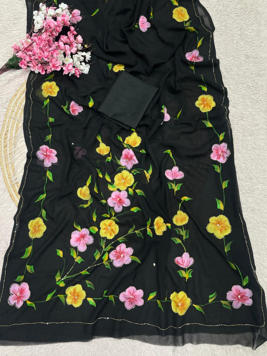 Premium Georgette Saree with All-Over Brush Print & Cut Dana Work