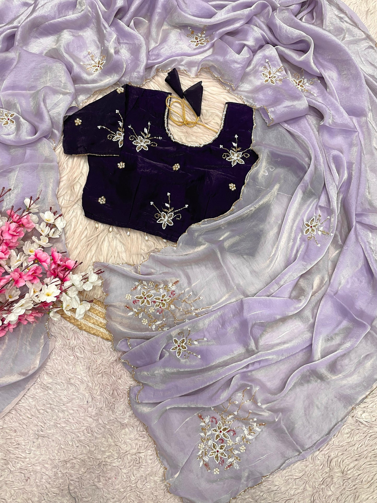 Premium Fandy Satin Saree with Designer Khatli Work Blouse