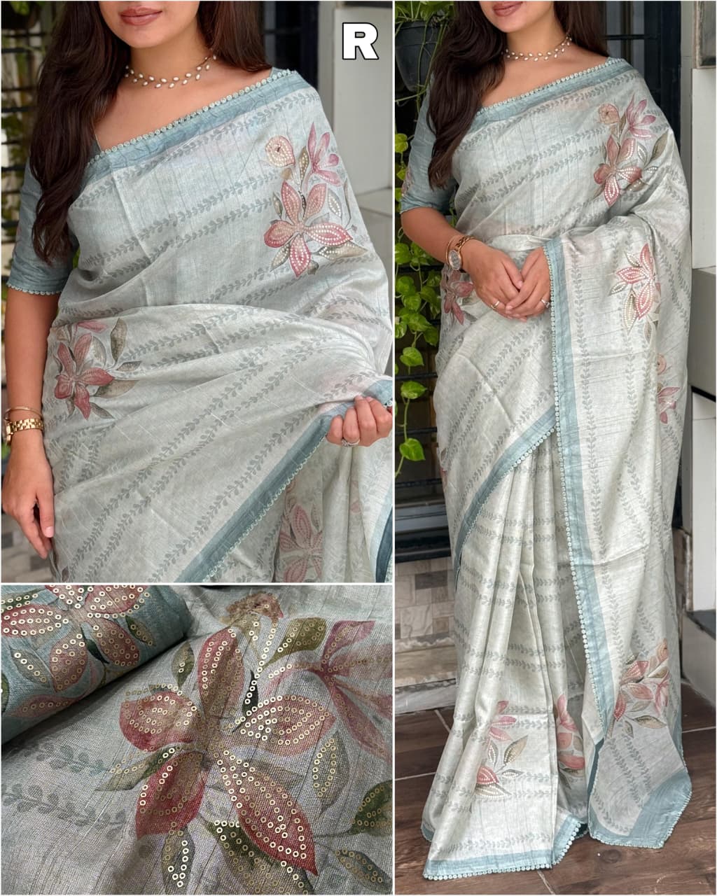 Premium Pure Tussar Linen Saree with Digital Print & Sequin Work