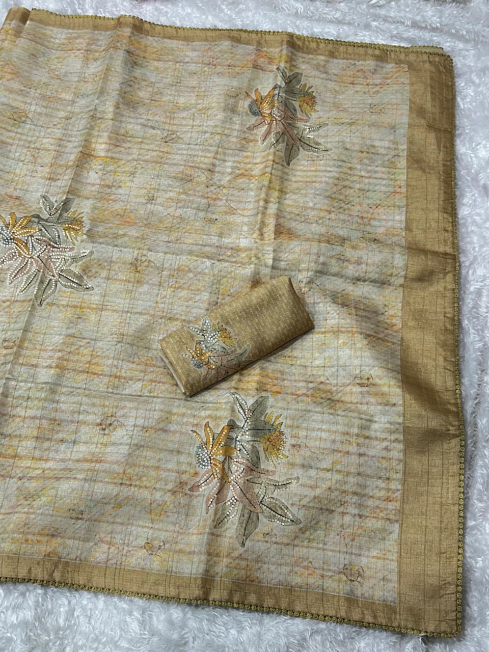 Premium Pure Tussar Linen Saree with Digital Print & Sequin Work