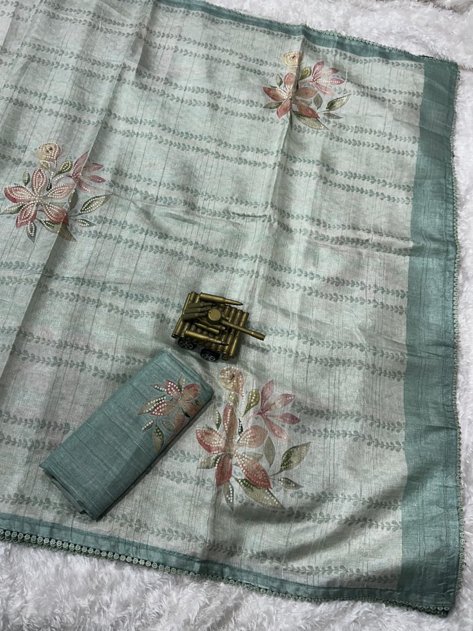 Premium Pure Tussar Linen Saree with Digital Print & Sequin Work
