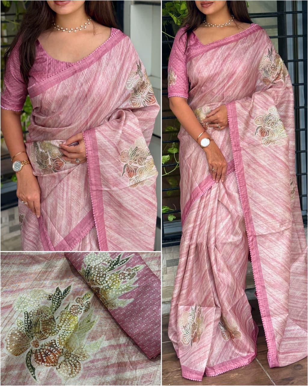 Premium Pure Tussar Linen Saree with Digital Print & Sequin Work