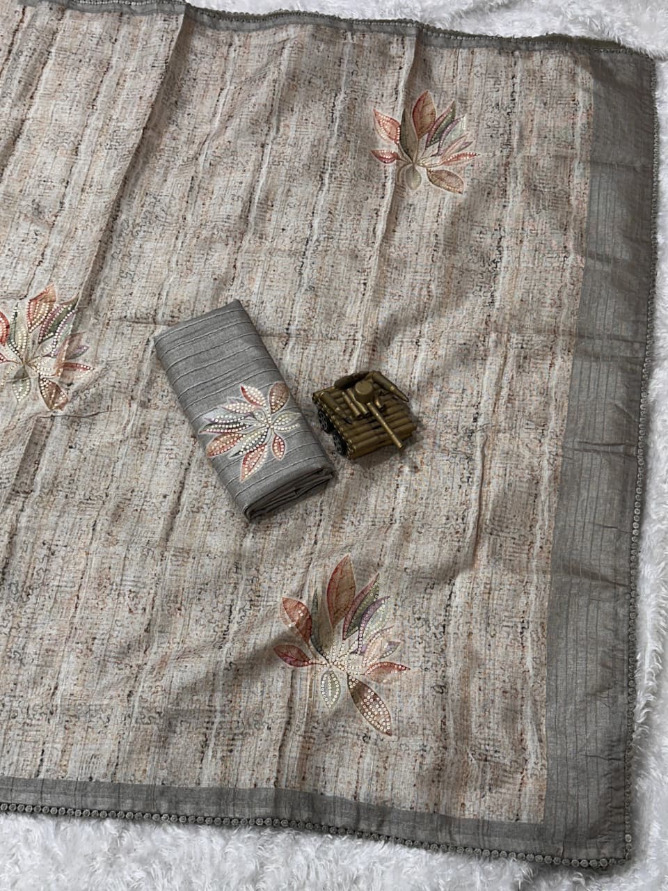 Premium Pure Tussar Linen Saree with Digital Print & Sequin Work