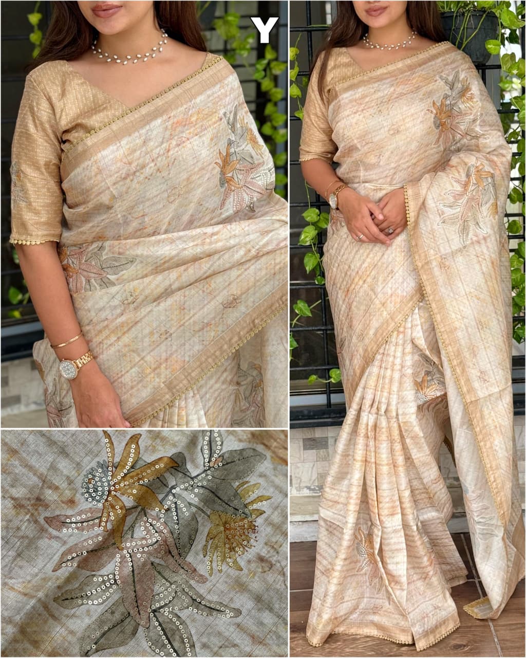 Premium Pure Tussar Linen Saree with Digital Print & Sequin Work