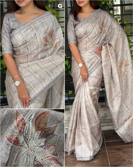 Premium Pure Tussar Linen Saree with Digital Print & Sequin Work