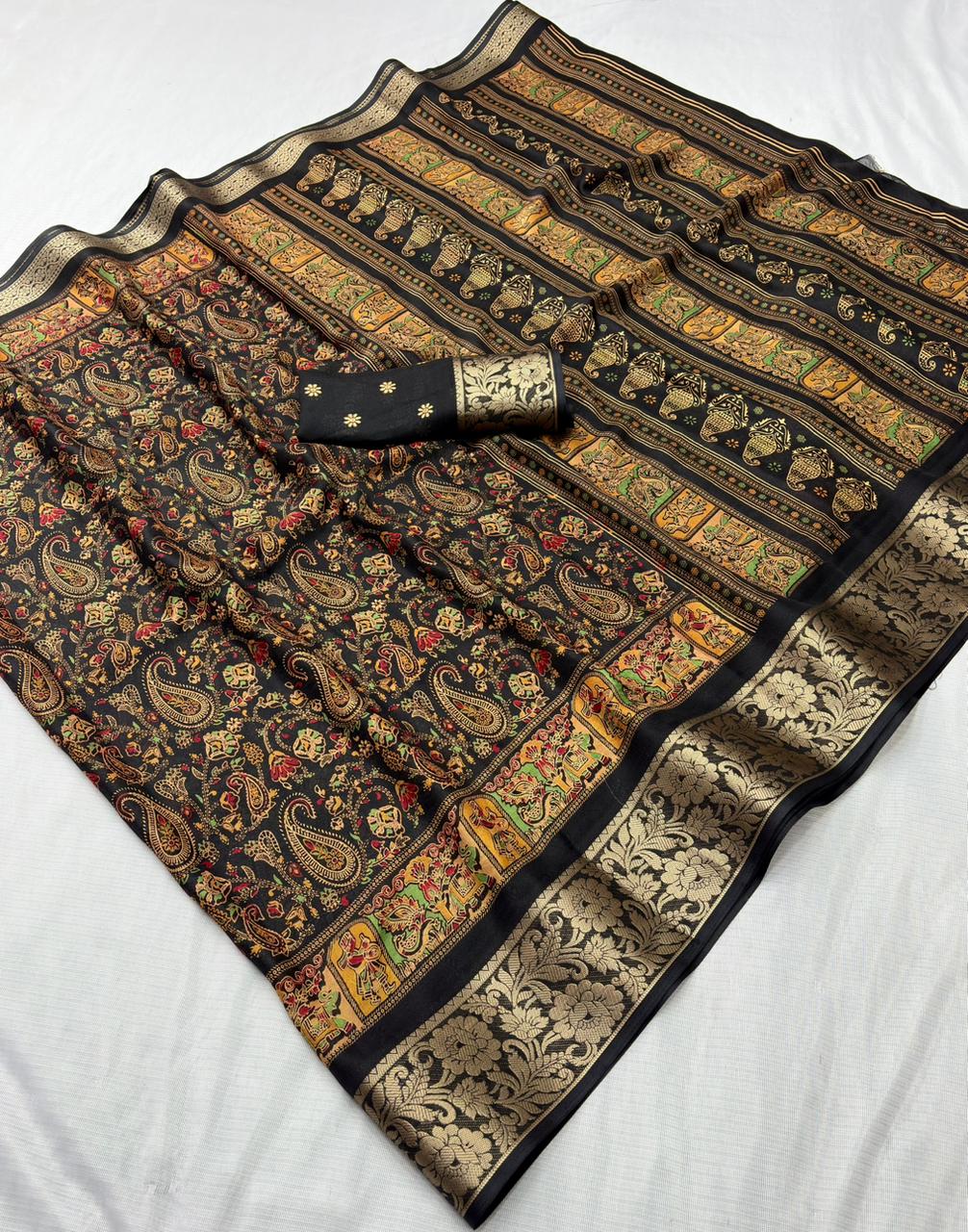 Premium Dola Silk Saree with Kalamkari Design & Jacquard Border