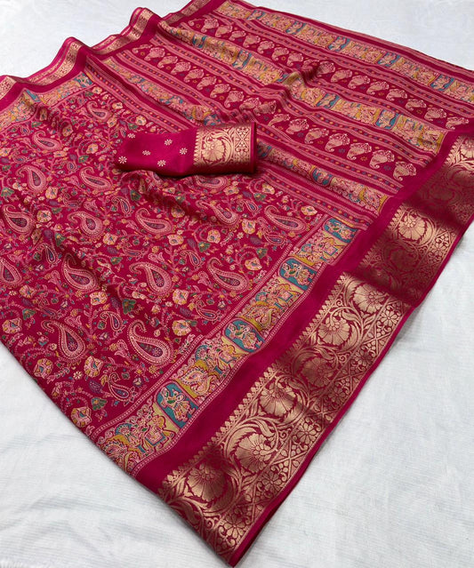 Premium Dola Silk Saree with Kalamkari Design & Jacquard Border