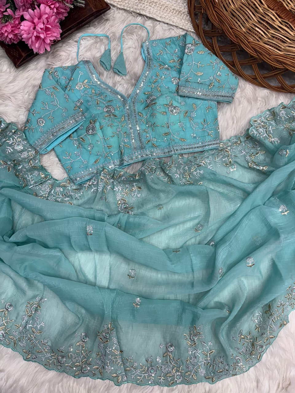 Rich Look Crunchy Silk Saree with Sequence Embroidery & Heavy Border