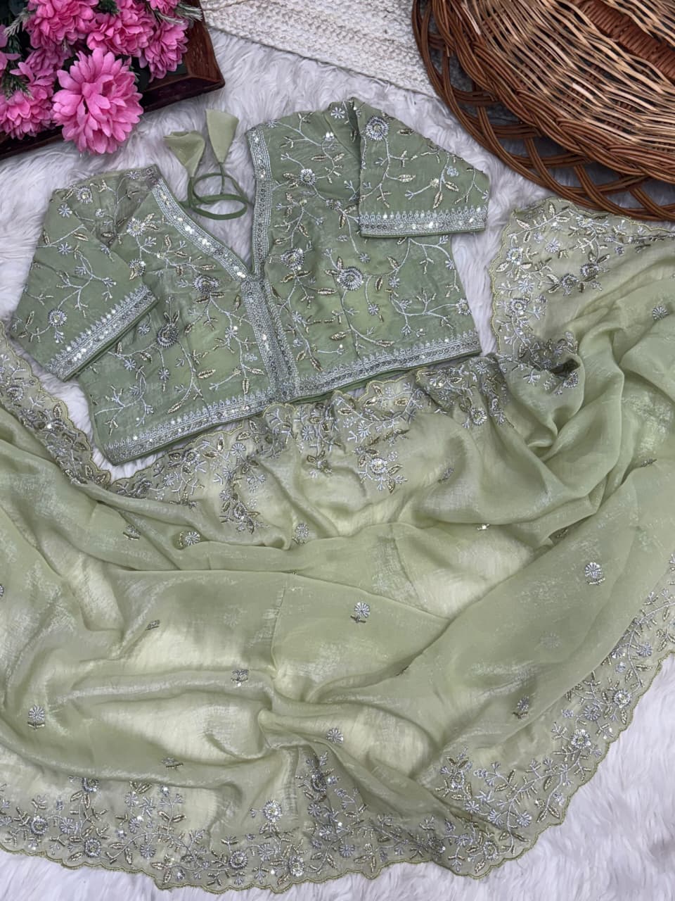 Rich Look Crunchy Silk Saree with Sequence Embroidery & Heavy Border