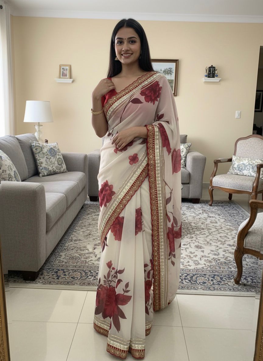 Soft Georgette Floral Print Saree with Sequence & Cording Embroidery