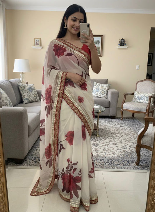 Soft Georgette Floral Print Saree with Sequence & Cording Embroidery