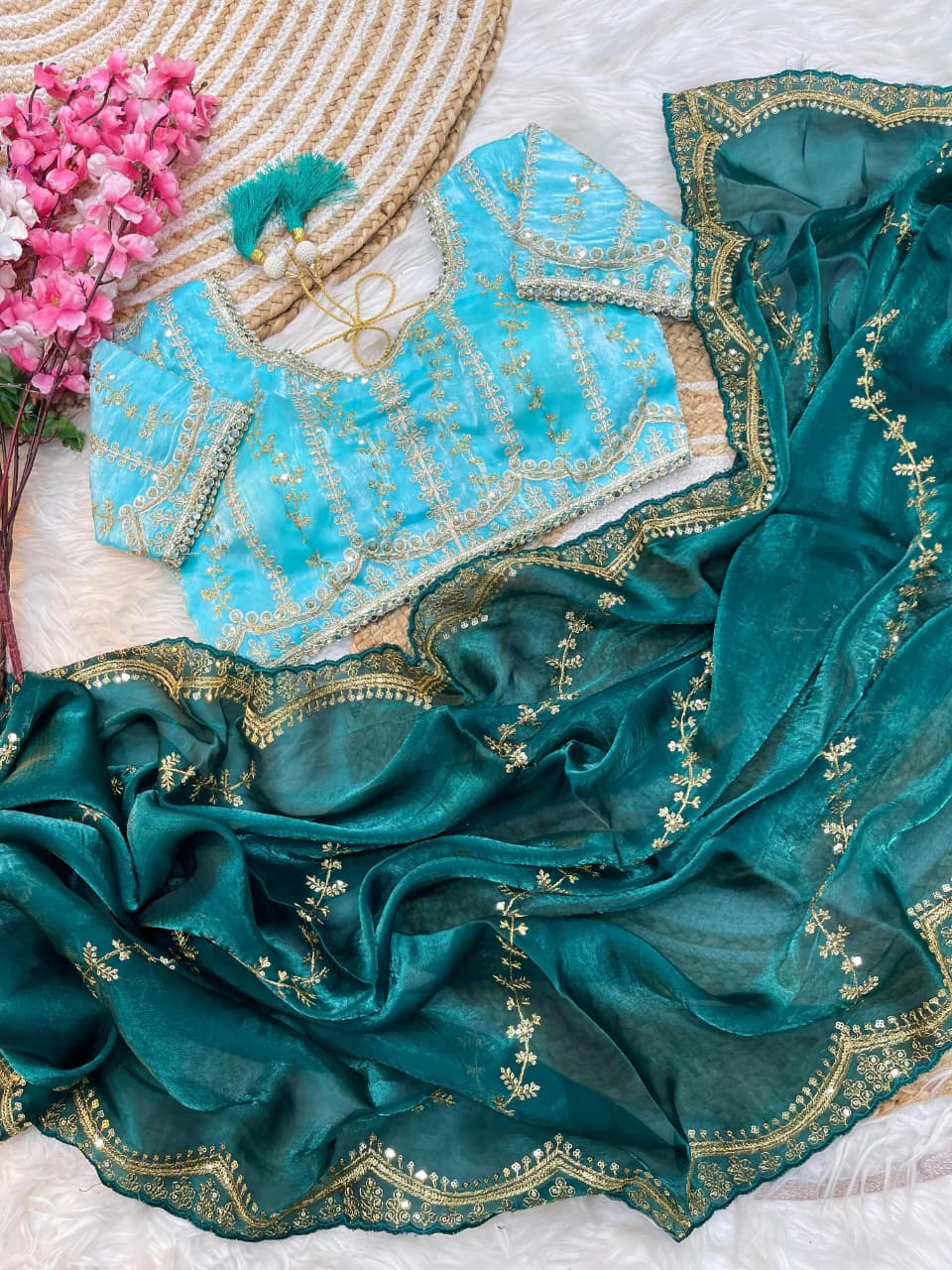 Premium Fendy Satin Lehariya Saree with 3mm Sequin Embroidery & Heavy Border