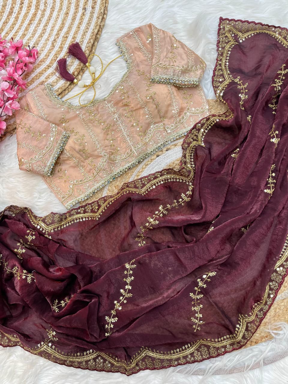 Premium Fendy Satin Lehariya Saree with 3mm Sequin Embroidery & Heavy Border