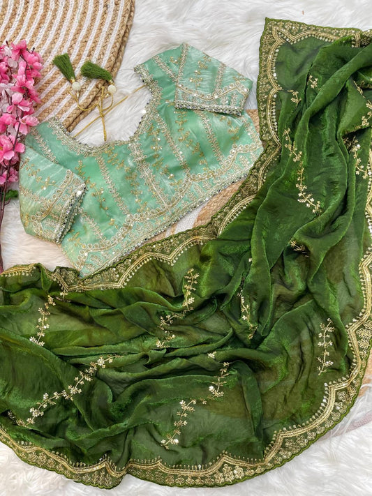 Premium Fendy Satin Lehariya Saree with 3mm Sequin Embroidery & Heavy Border