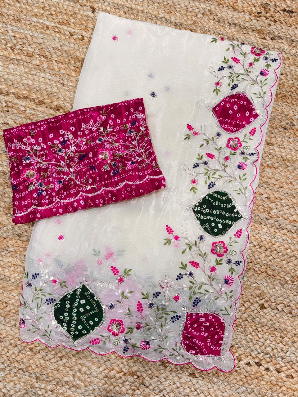 Pastel Perfection Crystal Tissue Saree with Zari Embroidery & Hand Applique Work