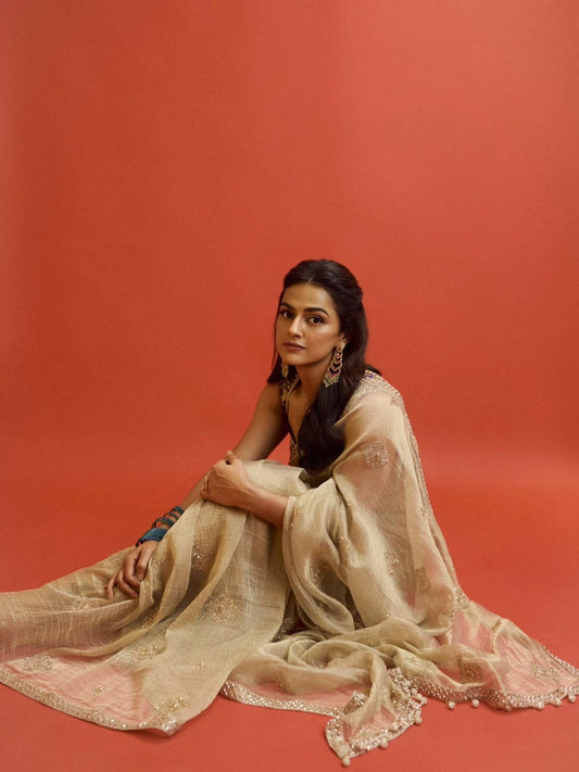 Soft Crunchy Silk Saree with Bead Sequins & Dori Embroidery