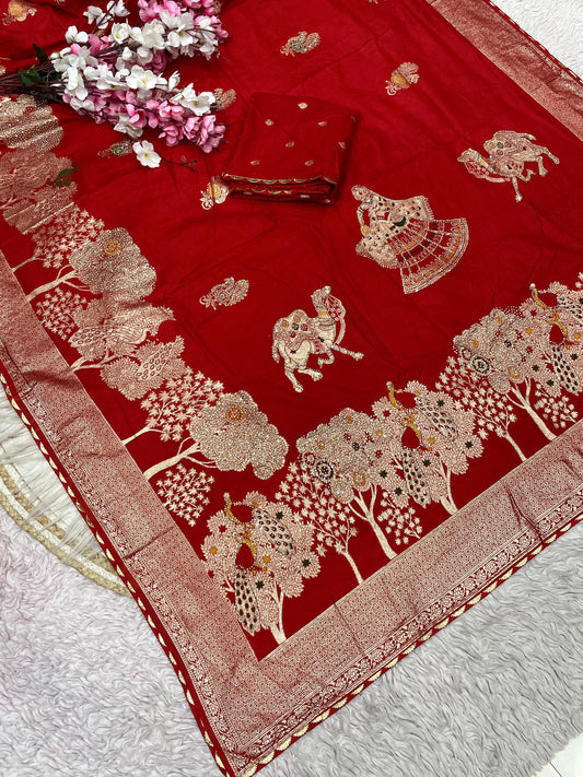 Hand-Dyed Dola Silk Saree with Zarkan & Meena Work – Artisanal Luxury Edition