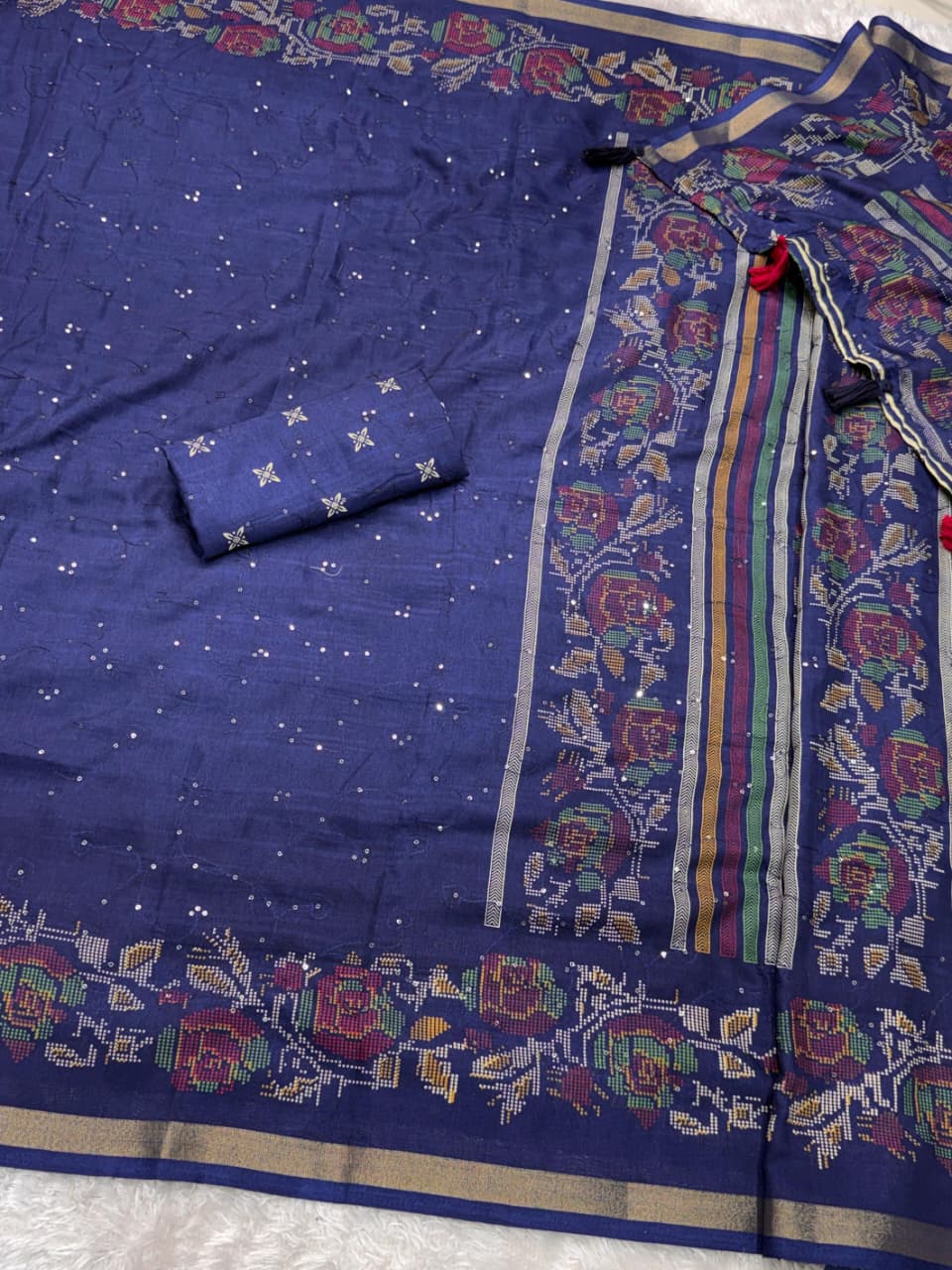 Premium Kashmiri Style Printed Mul Cotton Saree with Thread & Sequin Work