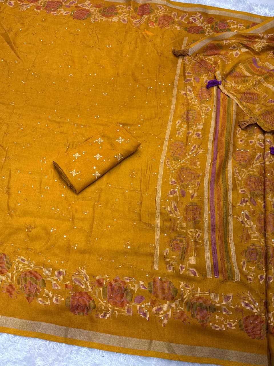 Premium Kashmiri Style Printed Mul Cotton Saree with Thread & Sequin Work
