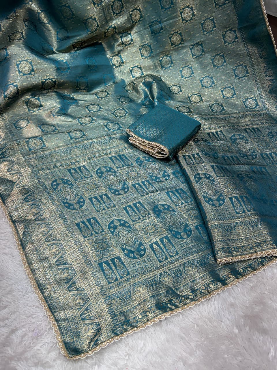 Premium Satin Jacquard Silk Saree with Zari Weaving & Pearl Lace Border