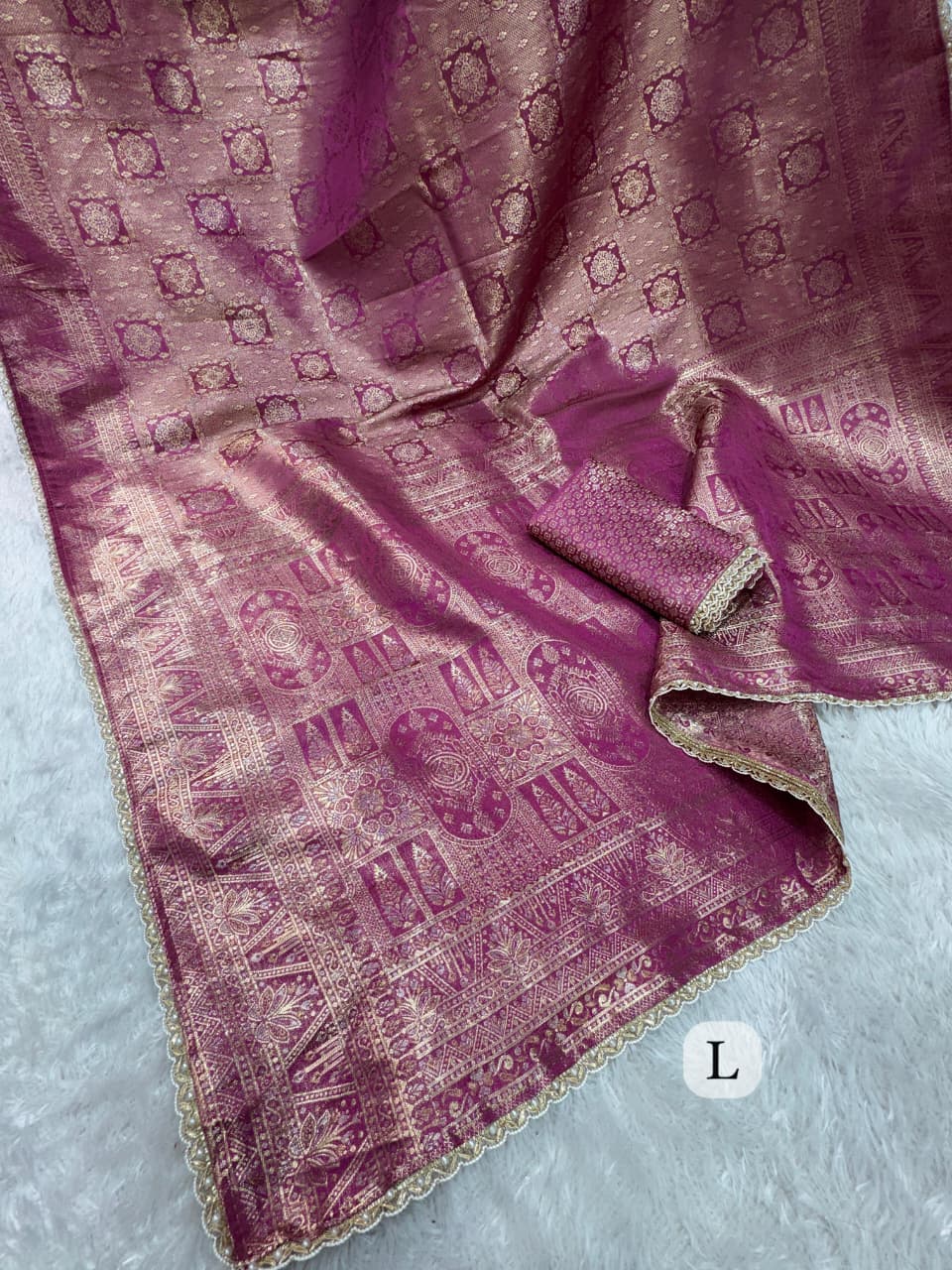 Premium Satin Jacquard Silk Saree with Zari Weaving & Pearl Lace Border
