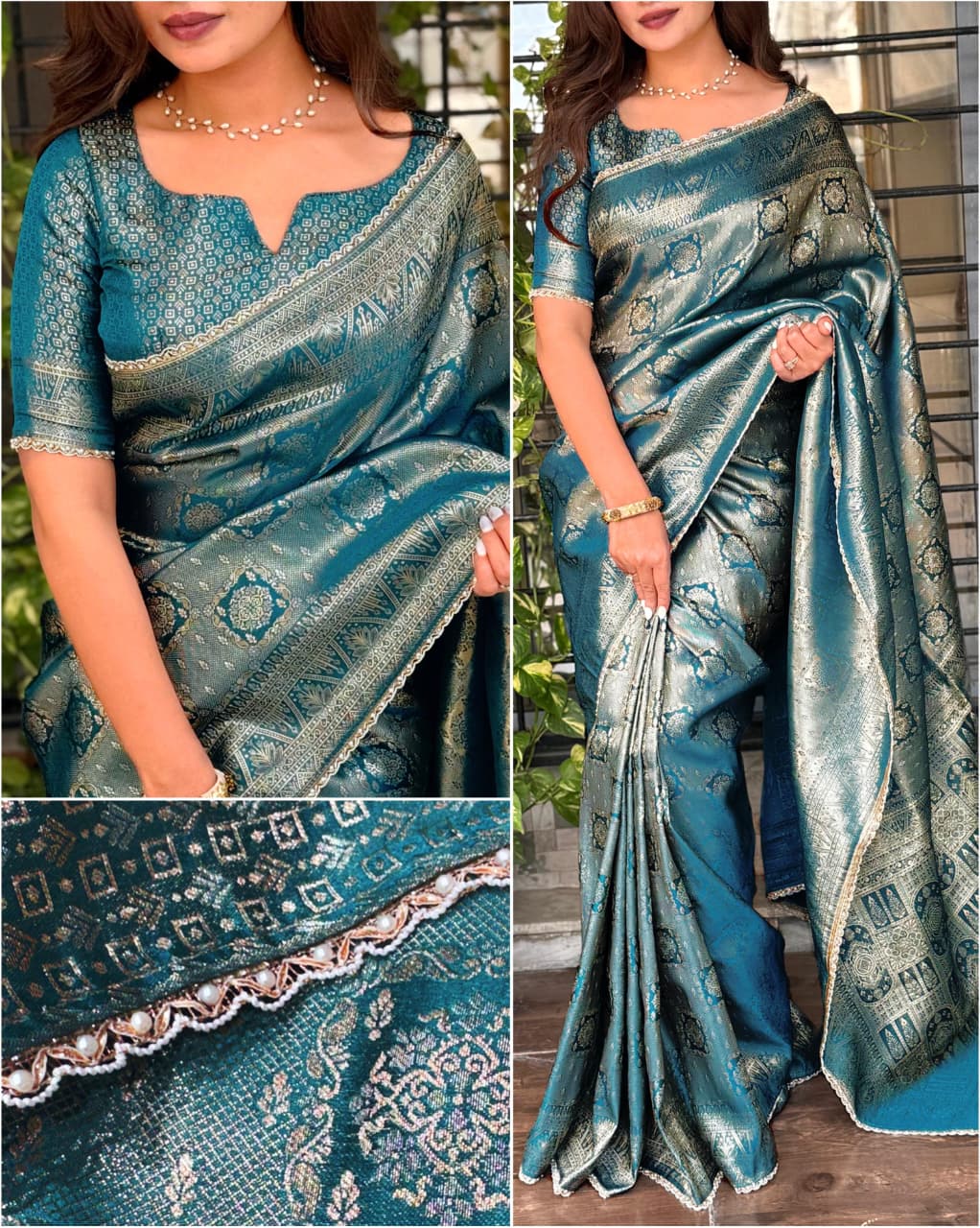 Premium Satin Jacquard Silk Saree with Zari Weaving & Pearl Lace Border