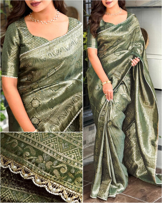 Premium Satin Jacquard Silk Saree with Zari Weaving & Pearl Lace Border
