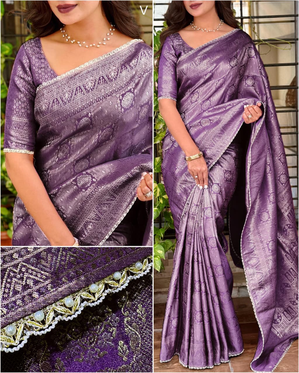 Premium Satin Jacquard Silk Saree with Zari Weaving & Pearl Lace Border