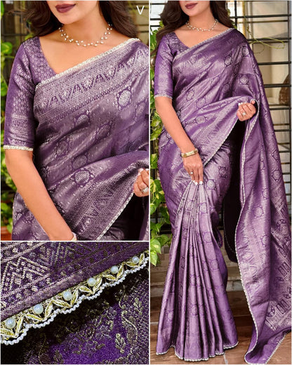 Premium Satin Jacquard Silk Saree with Zari Weaving & Pearl Lace Border