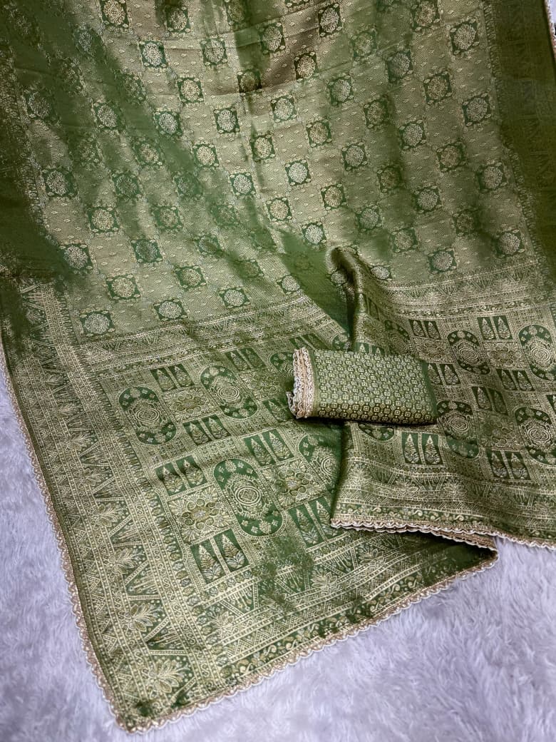 Premium Satin Jacquard Silk Saree with Zari Weaving & Pearl Lace Border