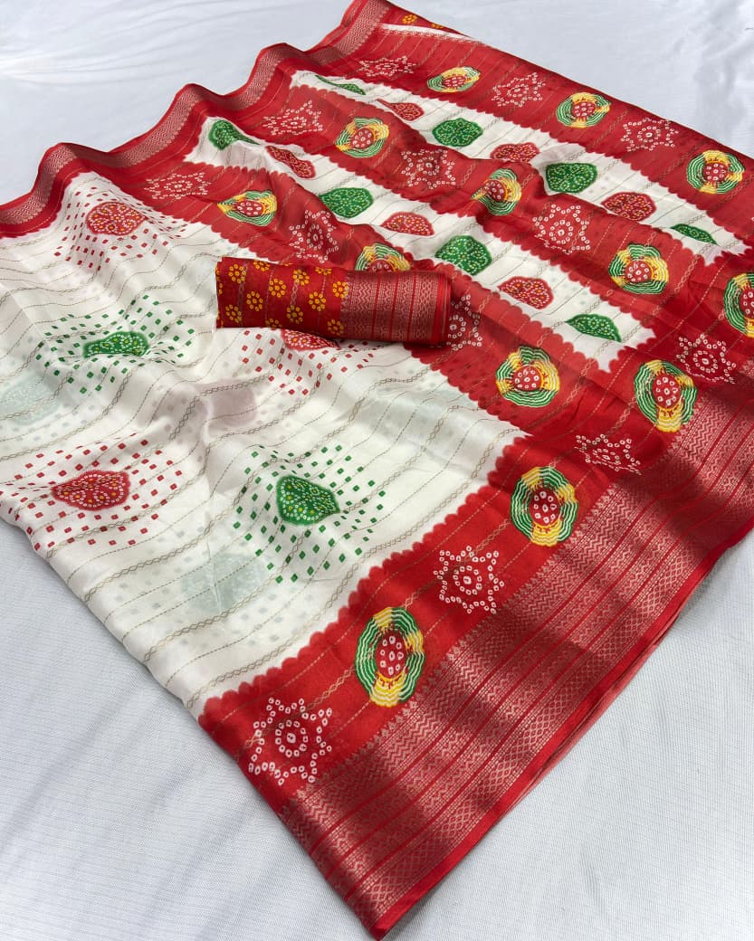 Premium Dola Silk Printed Saree with Jacquard Border & Jari Weaving