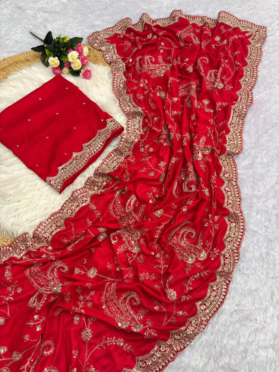 Premium Soft Heavy Glooming Vichitra Saree with Embroidered C-Pallu