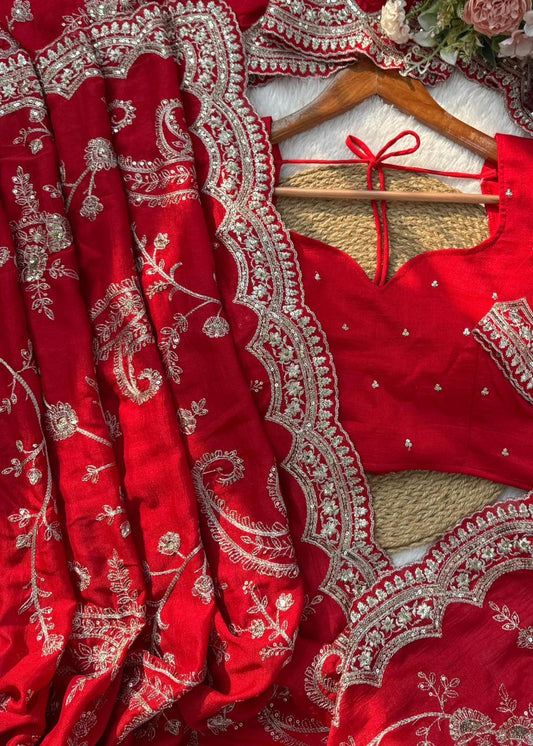 Premium Soft Heavy Glooming Vichitra Saree with Embroidered C-Pallu